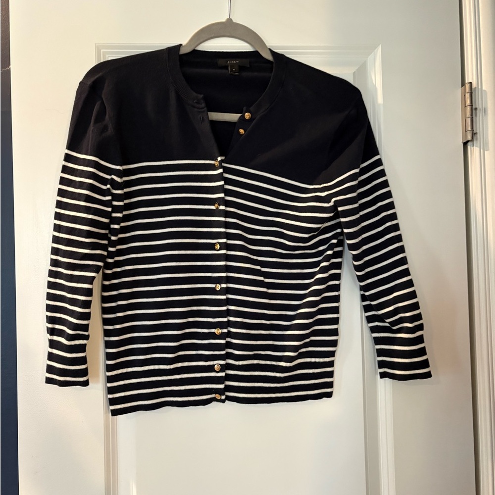J. Crew Navy Striped Cardigan with Gold Nautical Buttons size medium